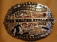 Opasek jeho majitelky navíc zdobí spona pro majitele Honor Roll Open Halter Stallion 2012.